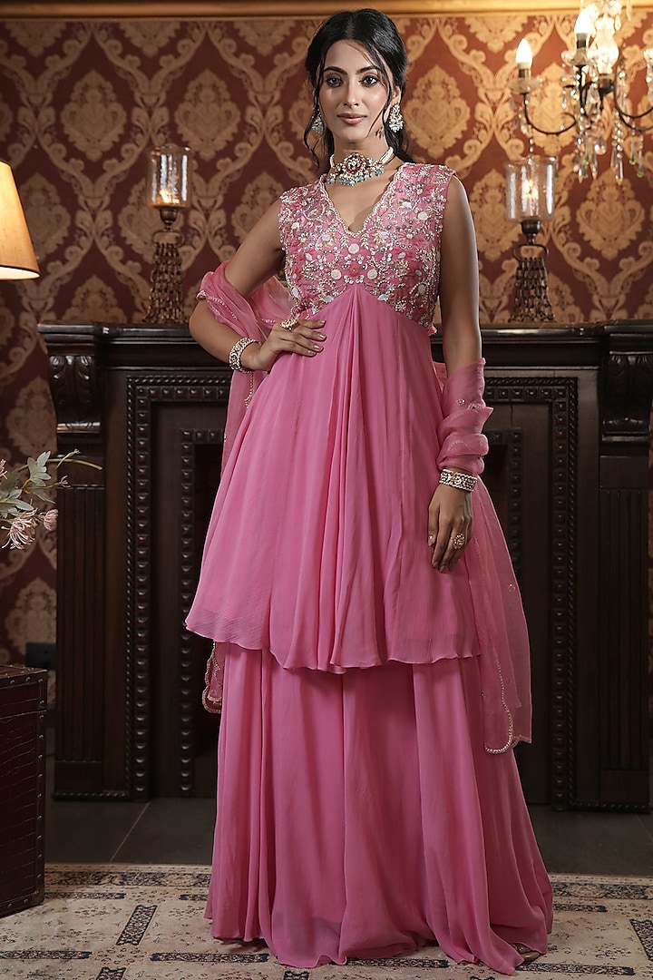 Peony Pink Georgette Sharara Set by Surabhi Arya at Pernia's Pop Up Shop