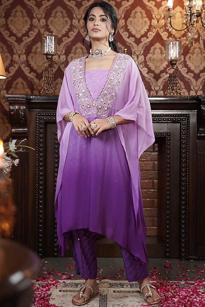 Royal Plum Purple Georgette Hand Embroidered Kaftan Set by Surabhi Arya at Pernia's Pop Up Shop