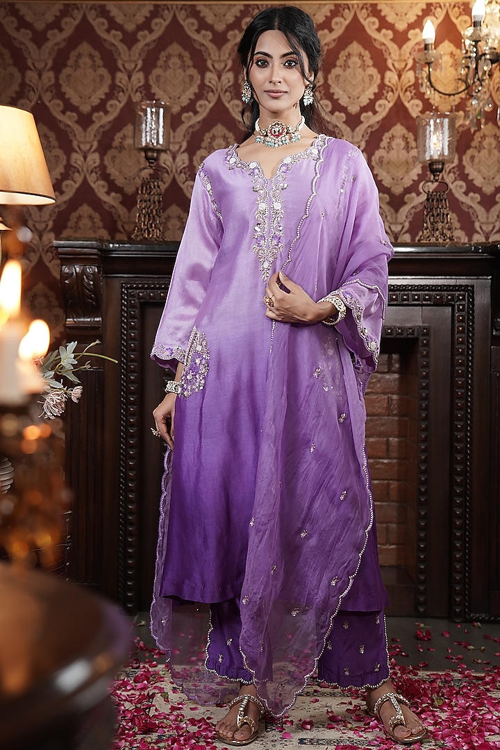 Plum Purple Chanderi Silk Ombre-Dyed A-Line Kurta Set by Surabhi Arya