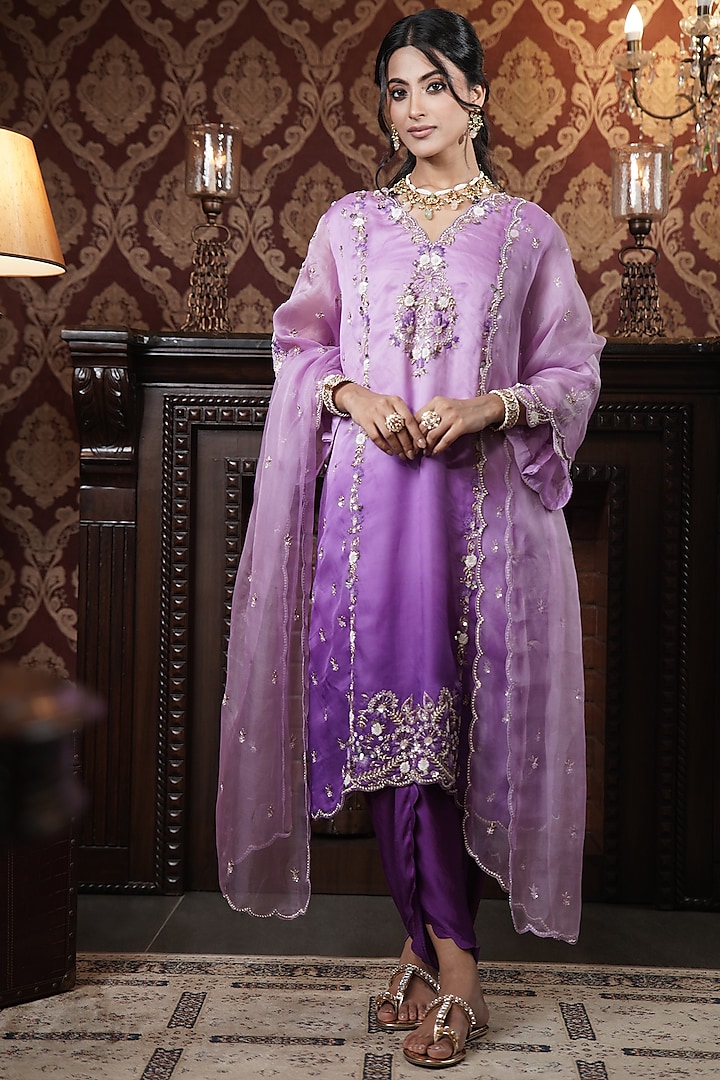 Royal Plum Purple Organza Hand Embroidered Ombre-Dyed Kurta Set by Surabhi Arya at Pernia's Pop Up Shop