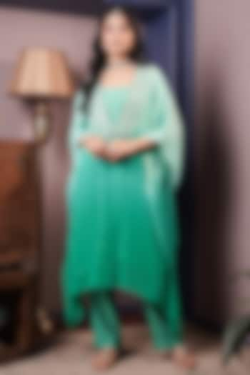 Jade Green Georgette Hand Embroidered Kaftan Set by Surabhi Arya at Pernia's Pop Up Shop