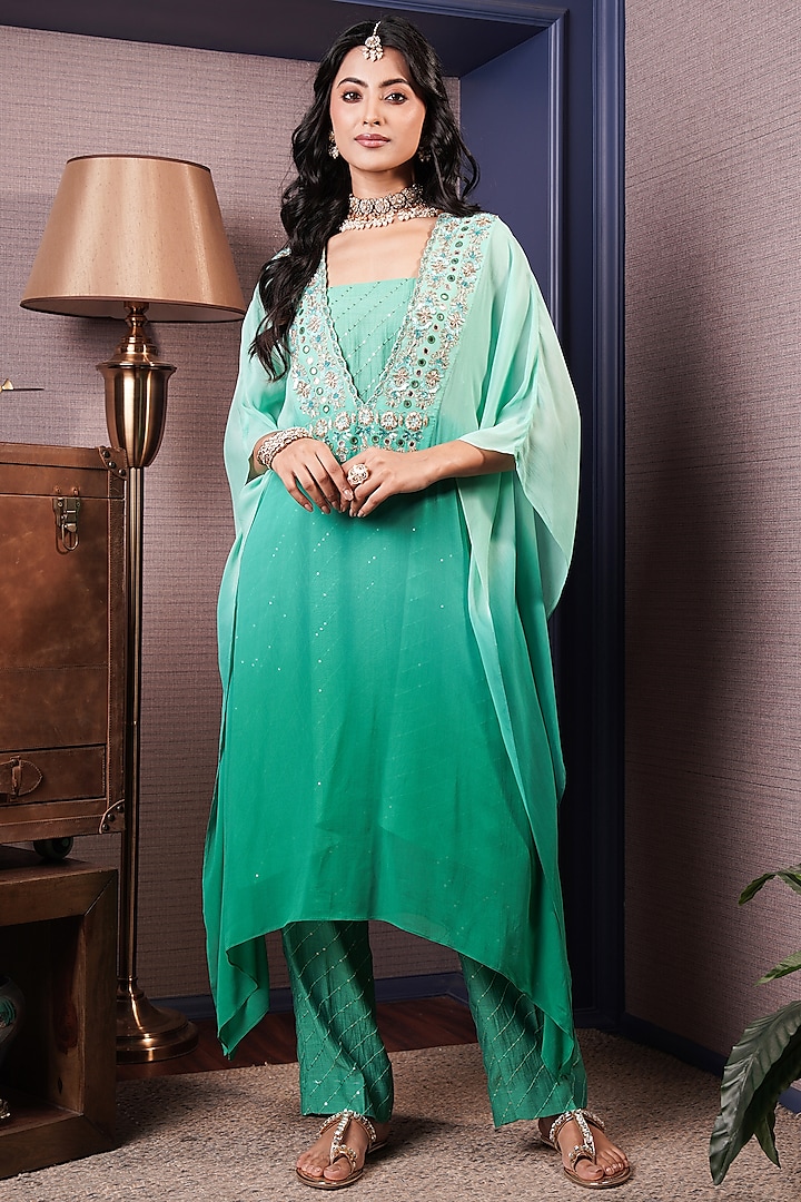 Jade Green Georgette Hand Embroidered Kaftan Set by Surabhi Arya at Pernia's Pop Up Shop