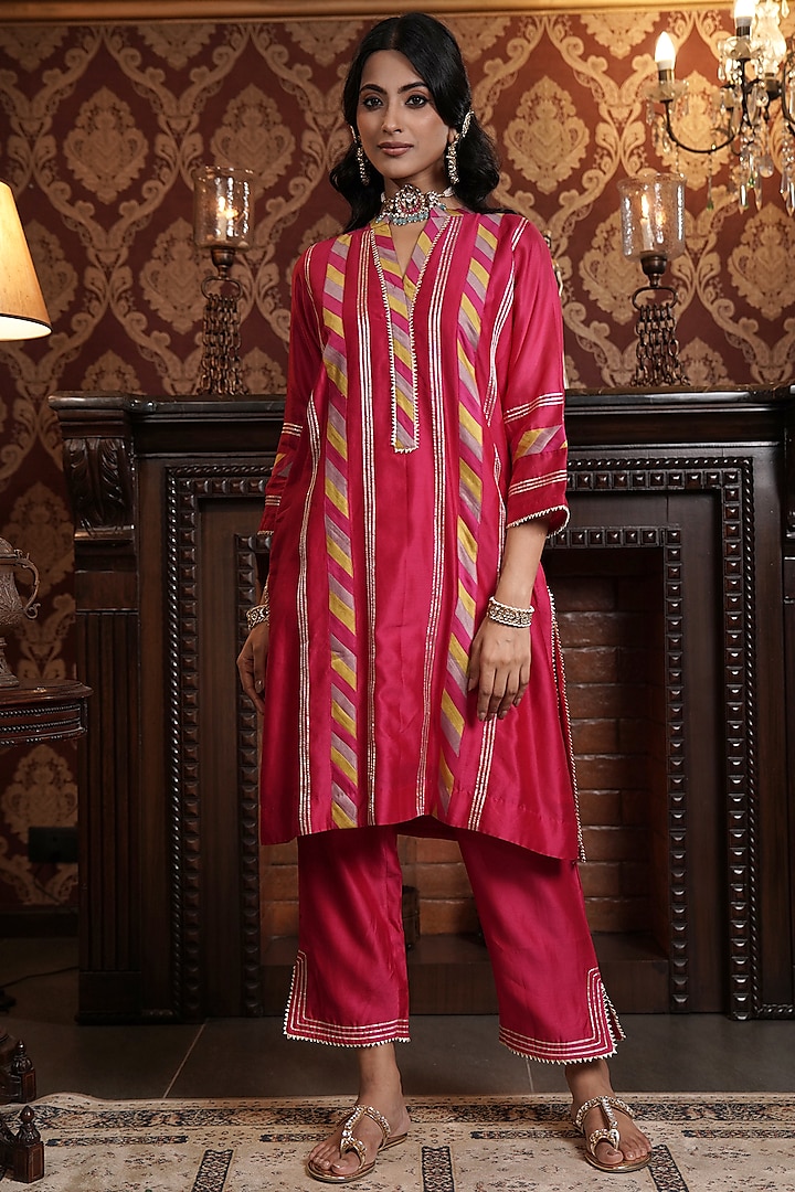 Ruby Pink Chanderi Silk Gota Work Kurta Set by Surabhi Arya at Pernia's Pop Up Shop