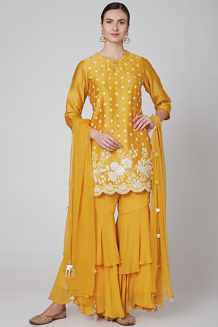 Mustard Georgette Gharara Set by Surabhi Arya