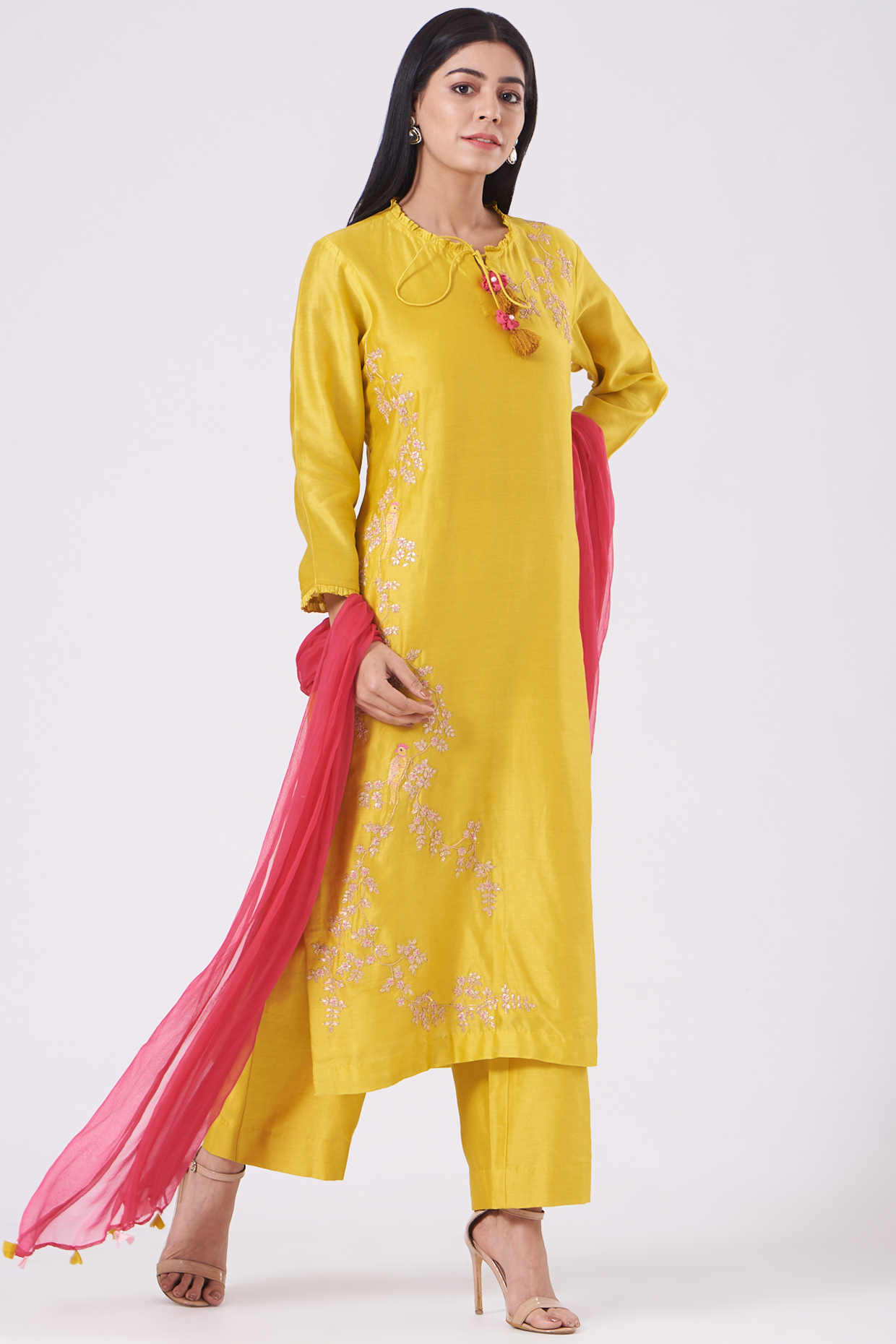 Light Mustard Embroidered Kurta Set by Surabhi Arya at Pernia's Pop Up Shop