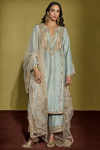 Sage Green Tissue Silk Gota Embellished Kurta Set by Sureena Chowdhri