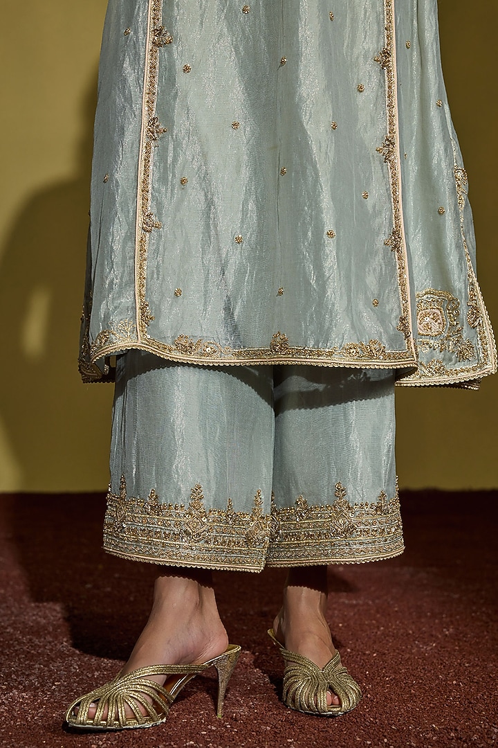 Sage Green Tissue Silk Gota Embellished Kurta Set by Sureena Chowdhri at Pernia's Pop Up Shop