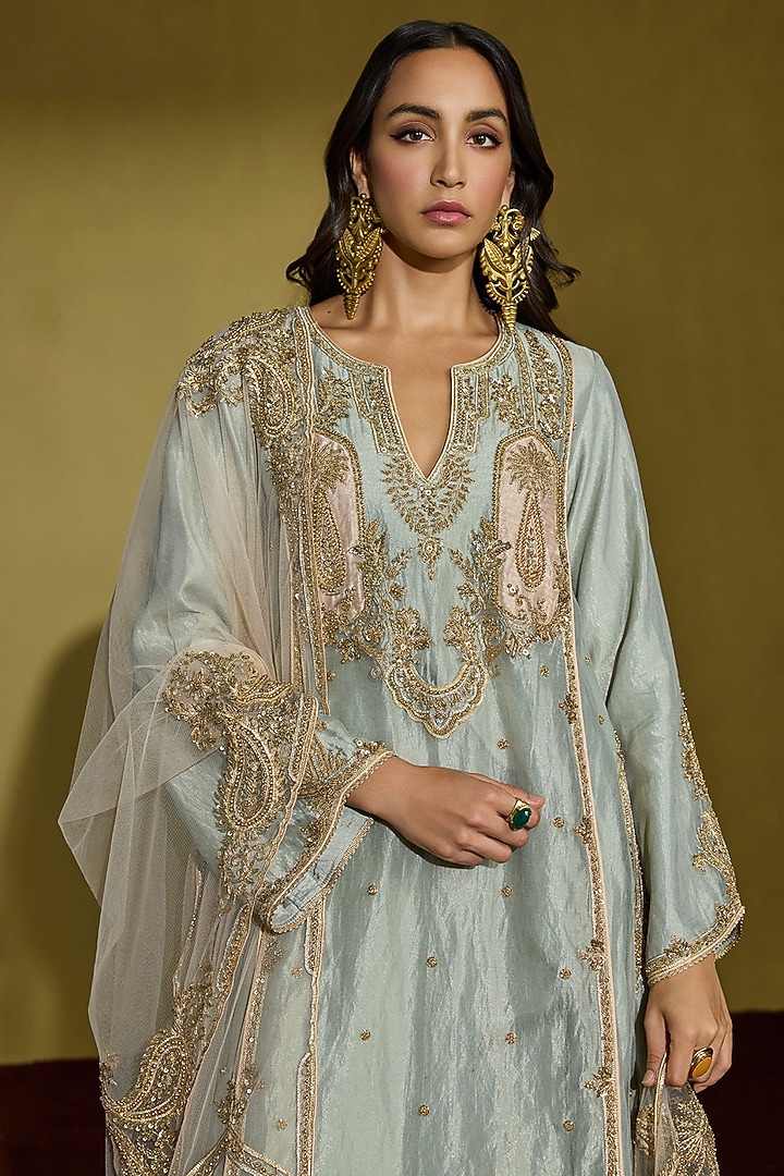 Sage Green Tissue Silk Gota Embellished Kurta Set by Sureena Chowdhri at Pernia's Pop Up Shop