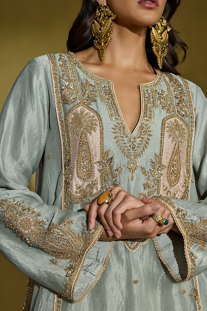 Sage Green Tissue Silk Gota Embellished Kurta Set by Sureena Chowdhri at Pernia's Pop Up Shop