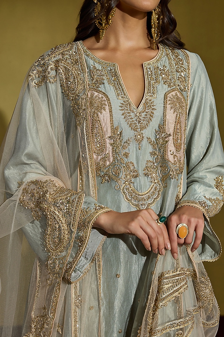 Sage Green Tissue Silk Gota Embellished Kurta Set by Sureena Chowdhri at Pernia's Pop Up Shop