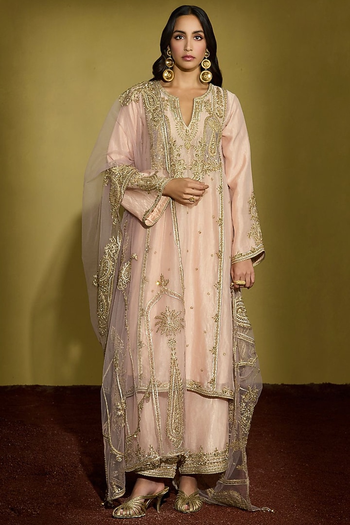 Peach Gold Tissue Silk Gota Embroidered Kurta Set by Sureena Chowdhri at Pernia's Pop Up Shop