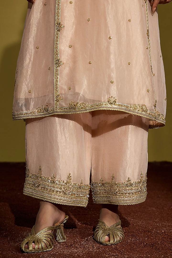 Peach Gold Tissue Silk Gota Embroidered Kurta Set by Sureena Chowdhri at Pernia's Pop Up Shop