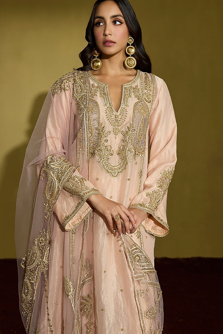 Peach Gold Tissue Silk Gota Embroidered Kurta Set by Sureena Chowdhri at Pernia's Pop Up Shop