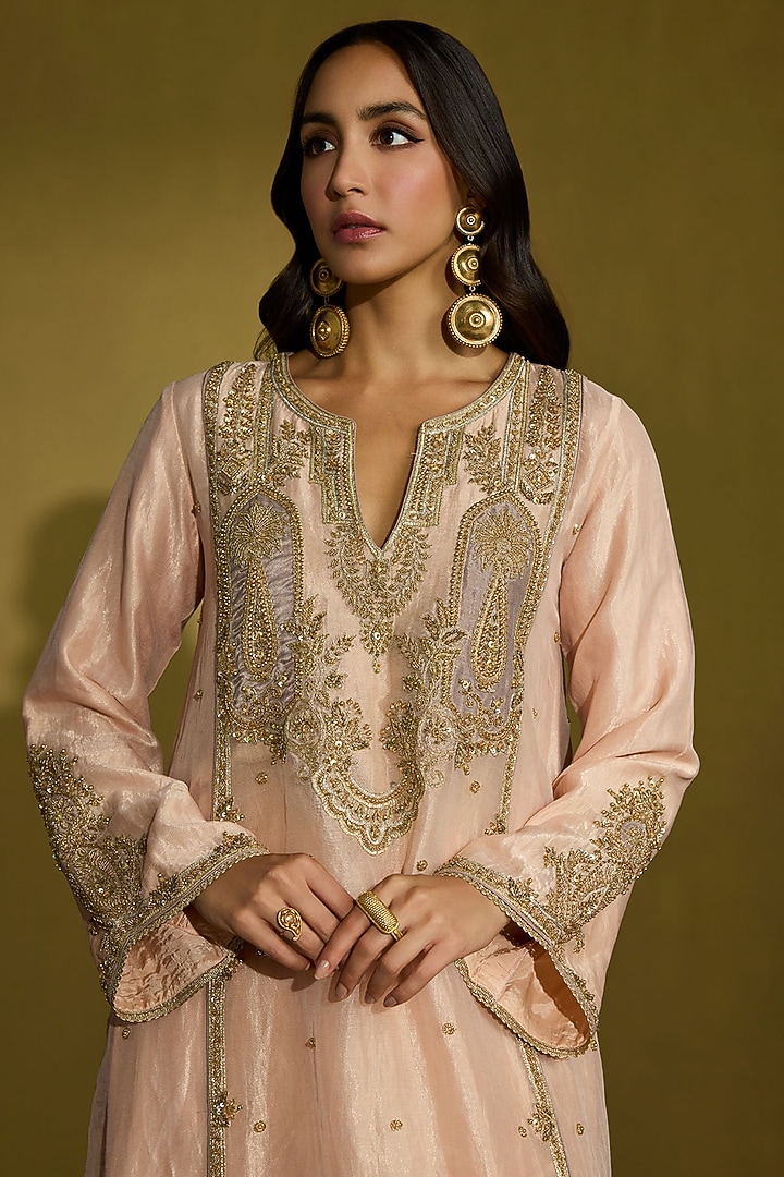 Peach Gold Tissue Silk Gota Embroidered Kurta Set by Sureena Chowdhri at Pernia's Pop Up Shop