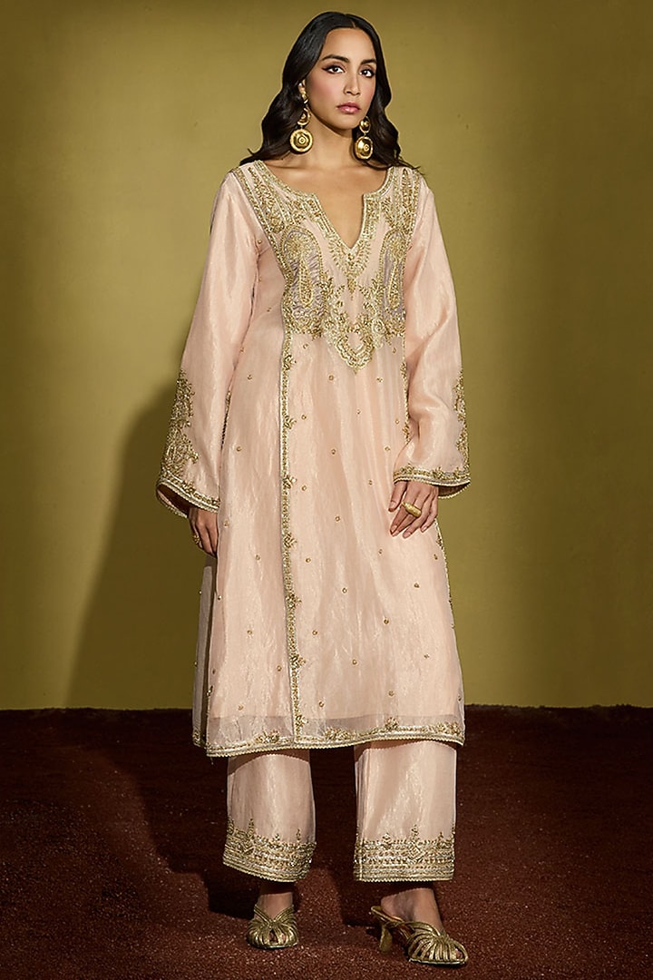 Peach Gold Tissue Silk Gota Embroidered Kurta Set by Sureena Chowdhri at Pernia's Pop Up Shop
