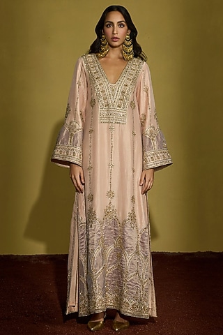 Peach Gold Tissue Silk Hand Patchwork Kaftan by Sureena Chowdhri