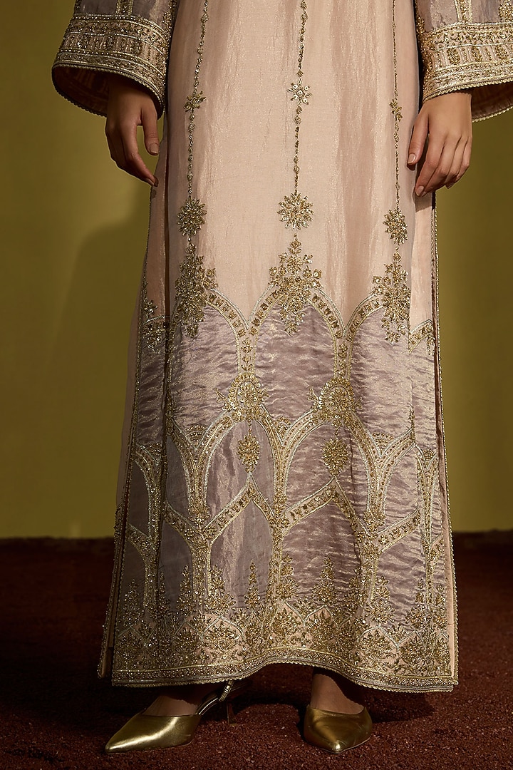 Peach Gold Tissue Silk Hand Patchwork Kaftan by Sureena Chowdhri at Pernia's Pop Up Shop