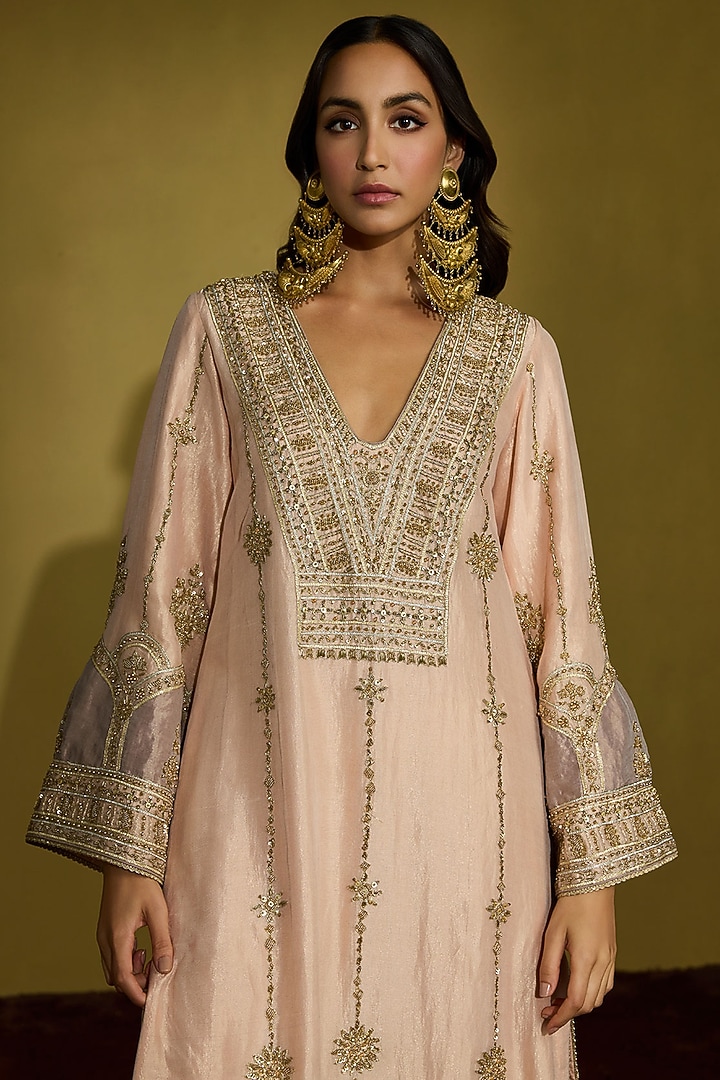 Peach Gold Tissue Silk Hand Patchwork Kaftan by Sureena Chowdhri at Pernia's Pop Up Shop