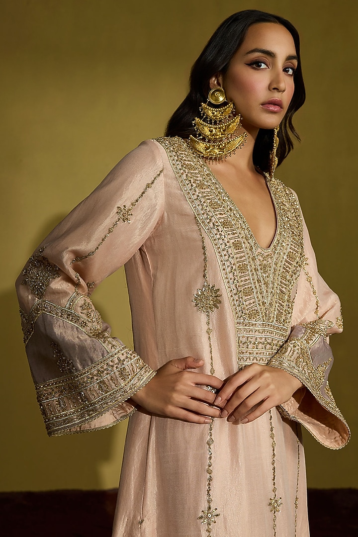 Peach Gold Tissue Silk Hand Patchwork Kaftan by Sureena Chowdhri at Pernia's Pop Up Shop