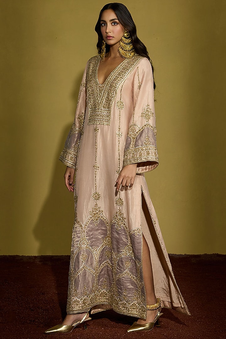 Peach Gold Tissue Silk Hand Patchwork Kaftan by Sureena Chowdhri at Pernia's Pop Up Shop