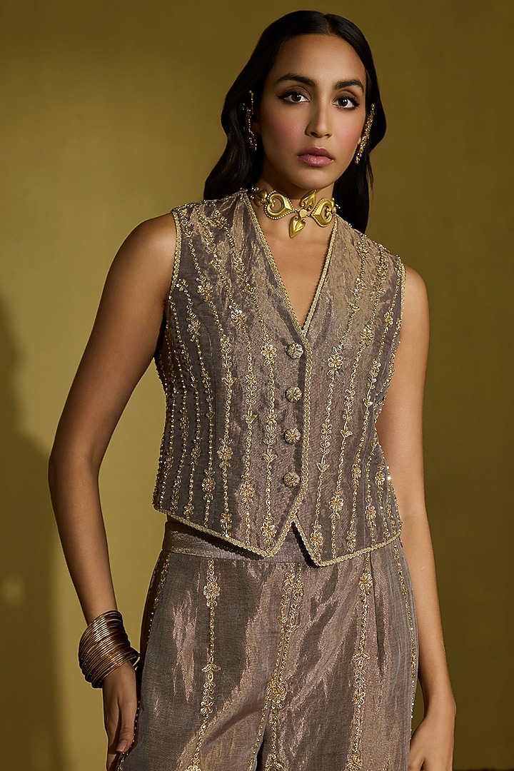 Wine Gold Tissue Silk Gota Embroidered Co-Ord Set by Sureena Chowdhri at Pernia's Pop Up Shop