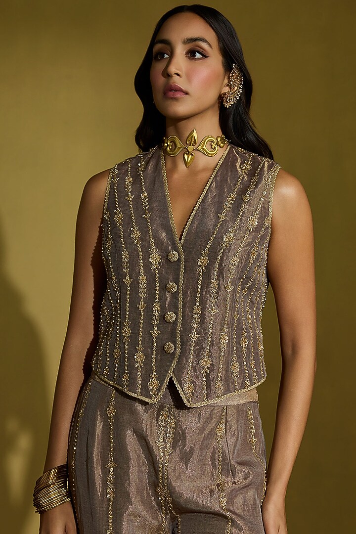 Wine Gold Tissue Silk Gota Embroidered Co-Ord Set by Sureena Chowdhri at Pernia's Pop Up Shop