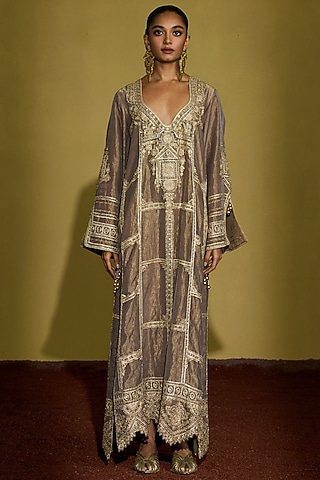 Wine Gold Tissue Silk Hand Embroidered Kaftan by Sureena Chowdhri