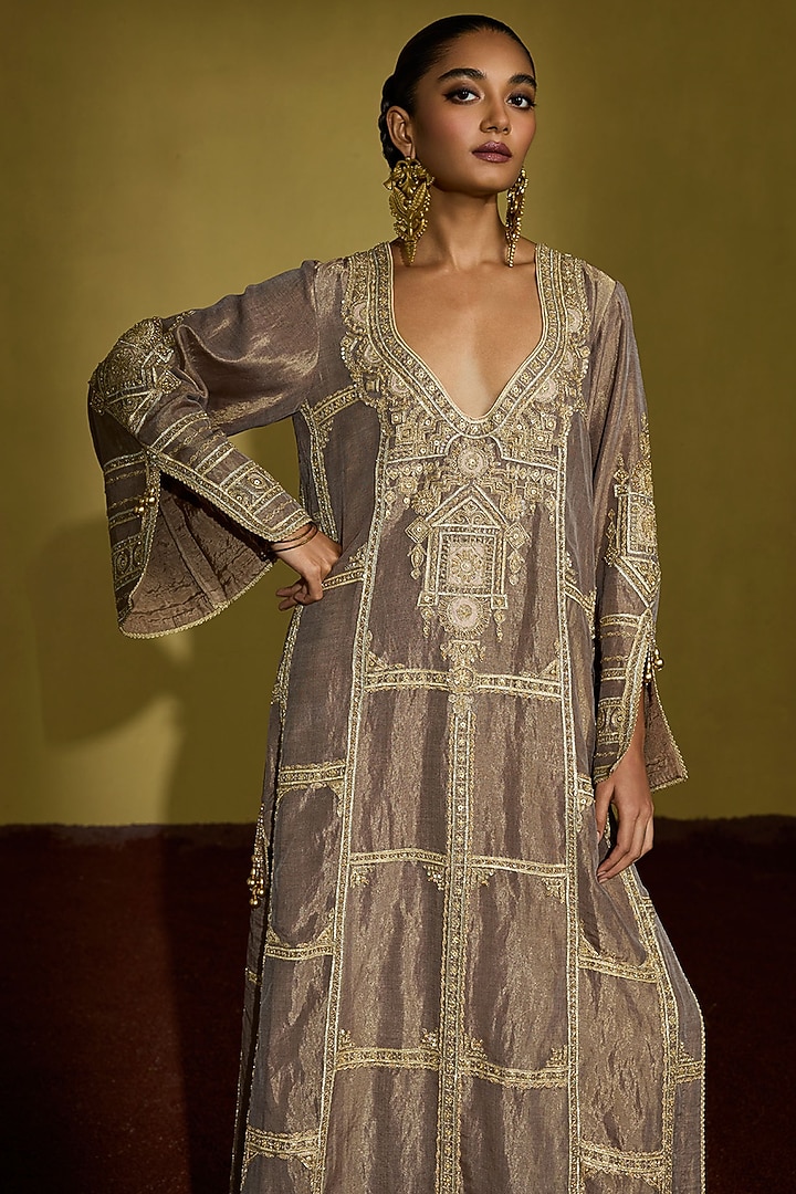 Wine Gold Tissue Silk Hand Embroidered Kaftan by Sureena Chowdhri at Pernia's Pop Up Shop