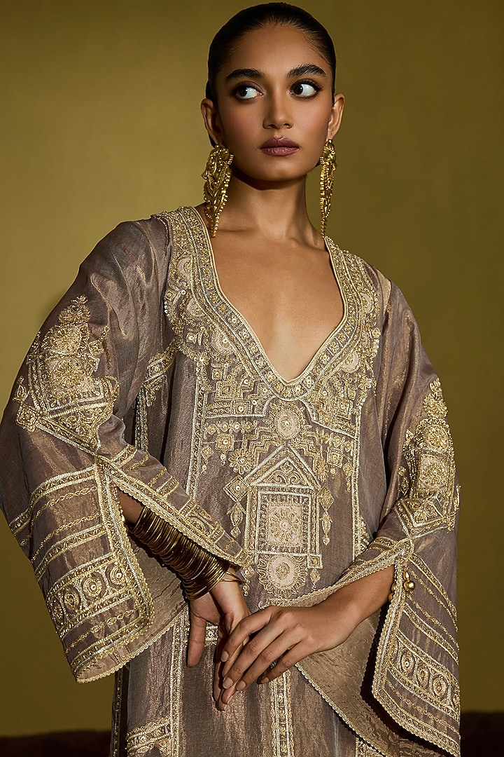 Wine Gold Tissue Silk Hand Embroidered Kaftan by Sureena Chowdhri at Pernia's Pop Up Shop