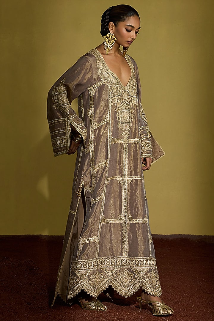 Wine Gold Tissue Silk Hand Embroidered Kaftan by Sureena Chowdhri at Pernia's Pop Up Shop