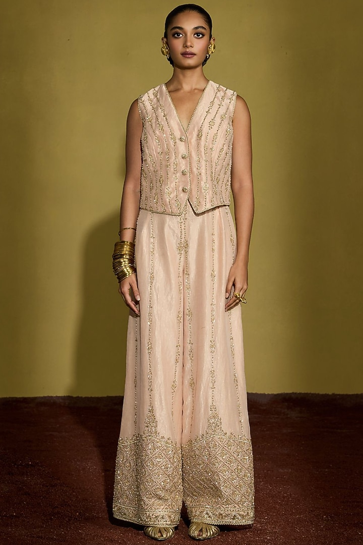Peach Gold Tissue Silk Hand Embroidered Co-Ord Set by Sureena Chowdhri at Pernia's Pop Up Shop