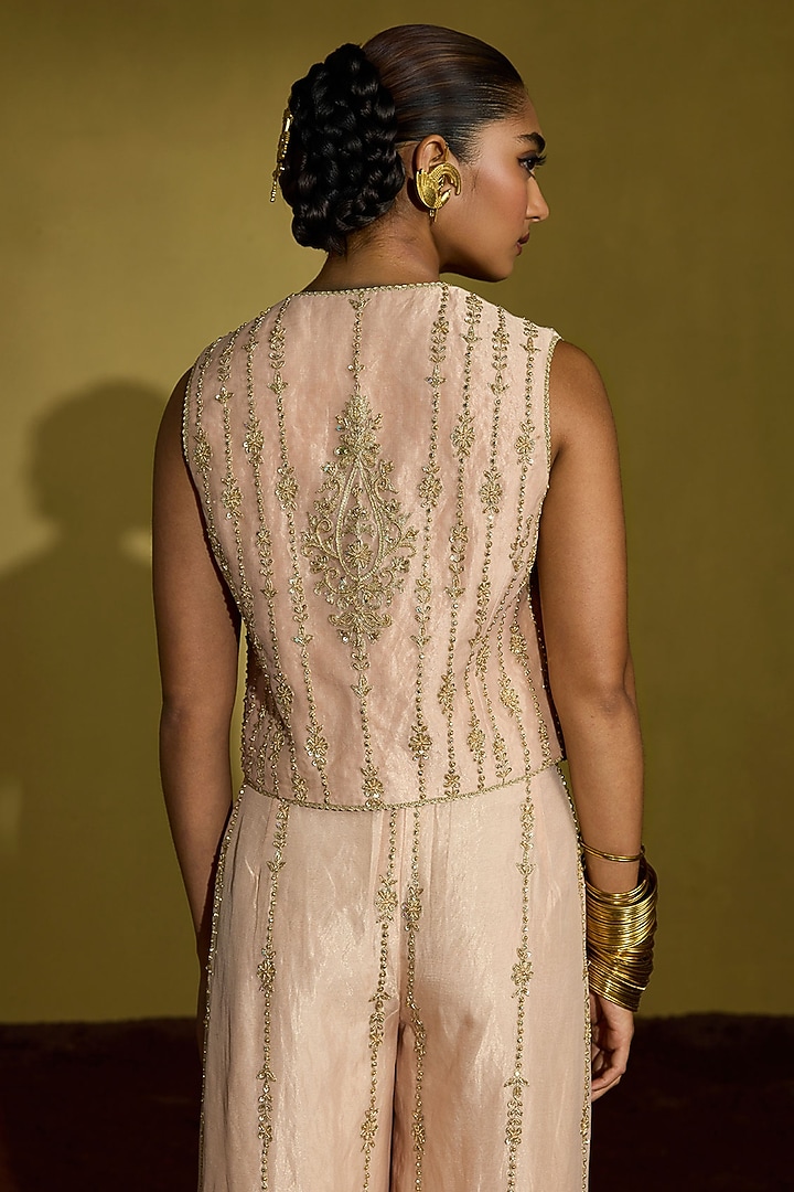 Peach Gold Tissue Silk Hand Embroidered Co-Ord Set by Sureena Chowdhri at Pernia's Pop Up Shop
