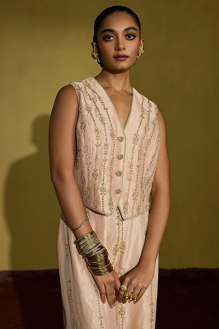 Peach Gold Tissue Silk Hand Embroidered Co-Ord Set by Sureena Chowdhri at Pernia's Pop Up Shop