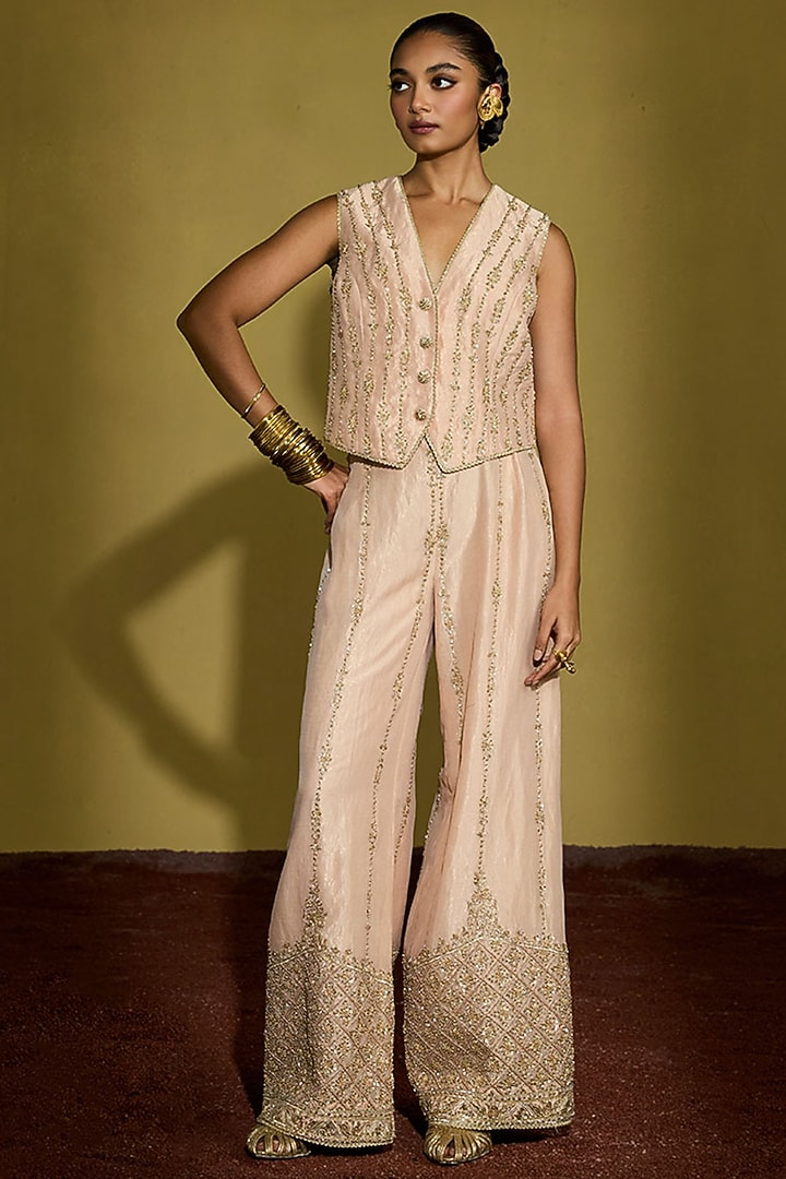 Peach Gold Tissue Silk Hand Embroidered Co-Ord Set by Sureena Chowdhri at Pernia's Pop Up Shop