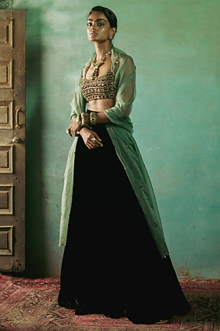 Midnight Black Silk Velvet Lehenga Set by Sureena Chowdhri