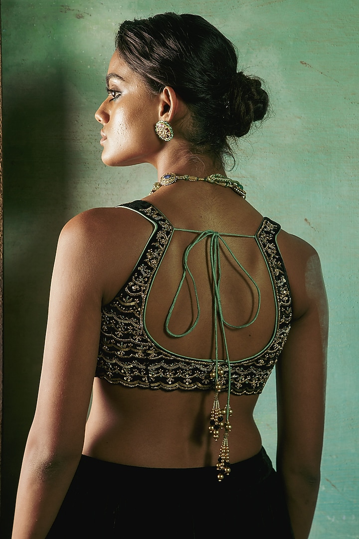 Midnight Black Silk Velvet Wedding Lehenga Set by Sureena Chowdhri at Pernia's Pop Up Shop