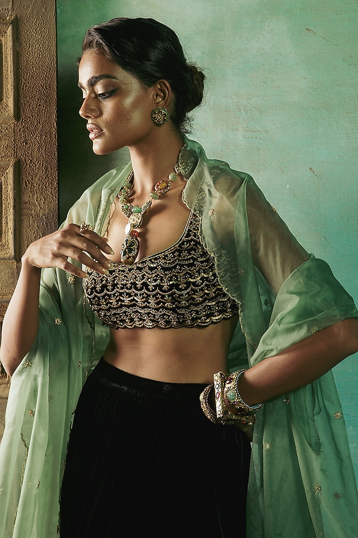 Midnight Black Silk Velvet Wedding Lehenga Set by Sureena Chowdhri at Pernia's Pop Up Shop