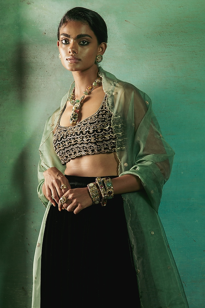Midnight Black Silk Velvet Wedding Lehenga Set by Sureena Chowdhri at Pernia's Pop Up Shop