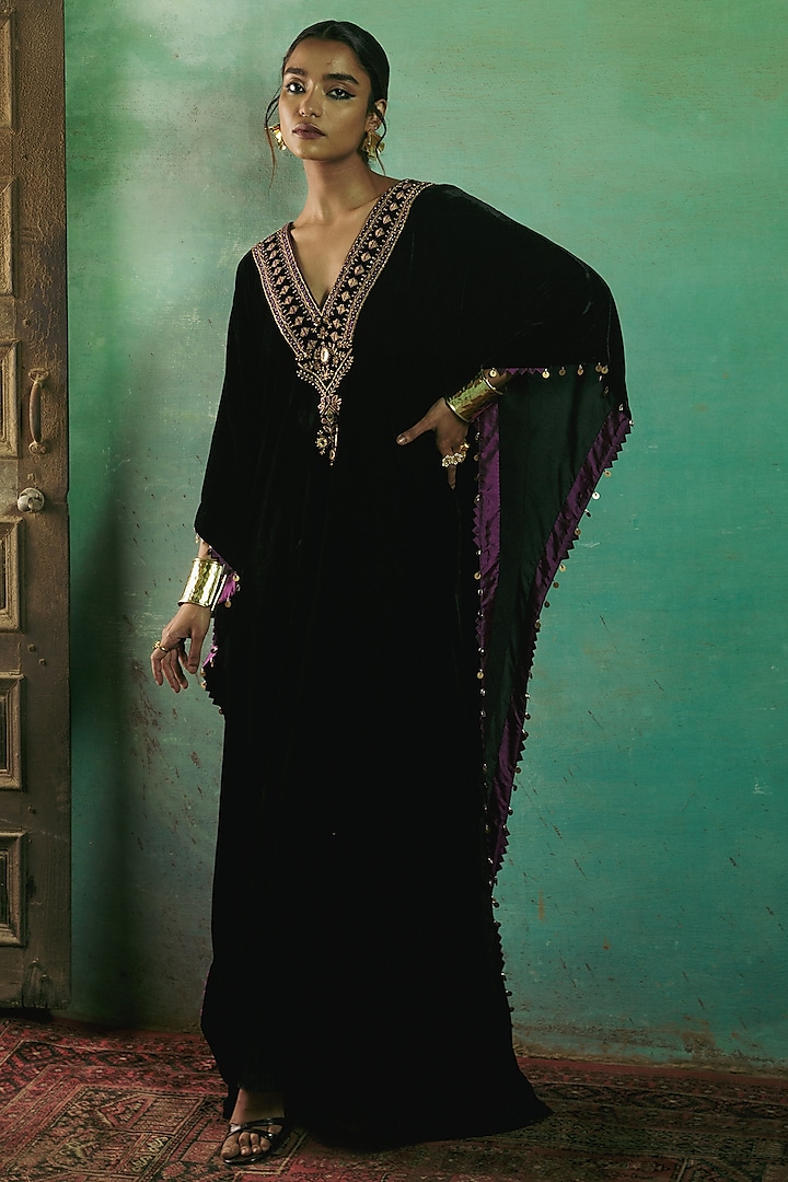Midnight Black Silk Velvet Embroidered Kaftan by Sureena Chowdhri