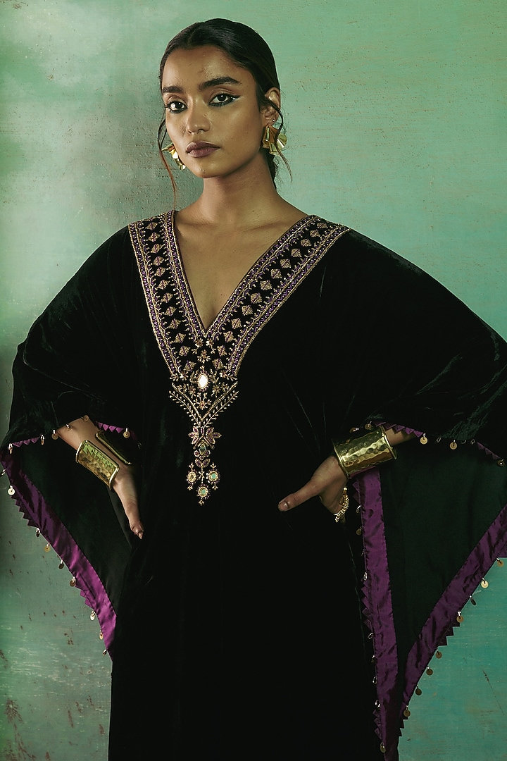 Midnight Black Silk Velvet Embroidered Kaftan by Sureena Chowdhri at Pernia's Pop Up Shop