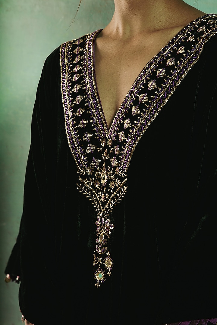 Midnight Black Silk Velvet Embroidered Kaftan by Sureena Chowdhri at Pernia's Pop Up Shop
