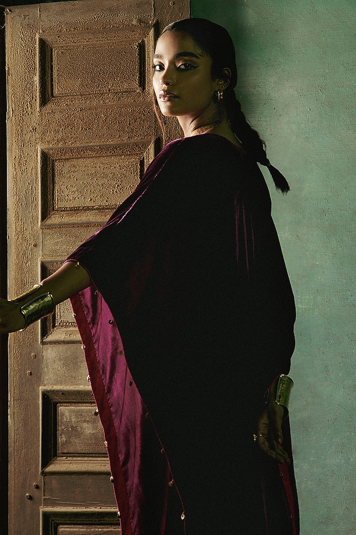 Plum Silk Velvet Cutdana Embroidered Kaftan by Sureena Chowdhri at Pernia's Pop Up Shop