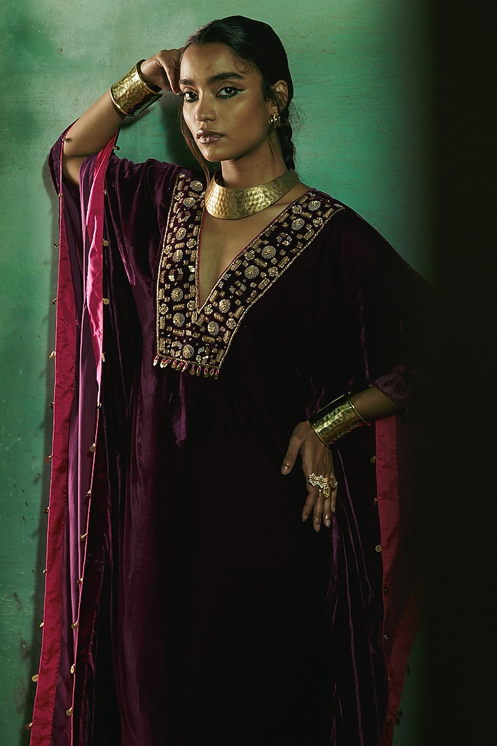 Plum Silk Velvet Cutdana Embroidered Kaftan by Sureena Chowdhri at Pernia's Pop Up Shop