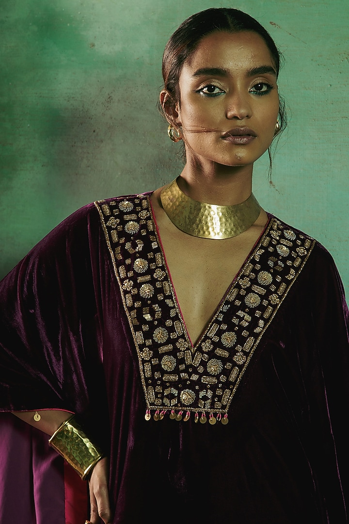 Plum Silk Velvet Cutdana Embroidered Kaftan by Sureena Chowdhri at Pernia's Pop Up Shop