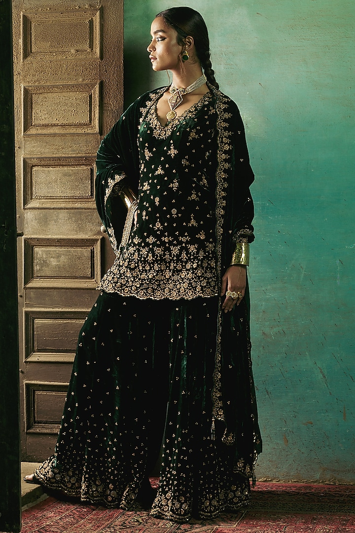 Bottle Green Silk Velvet Zardosi Embroidered Gharara Set by Sureena Chowdhri