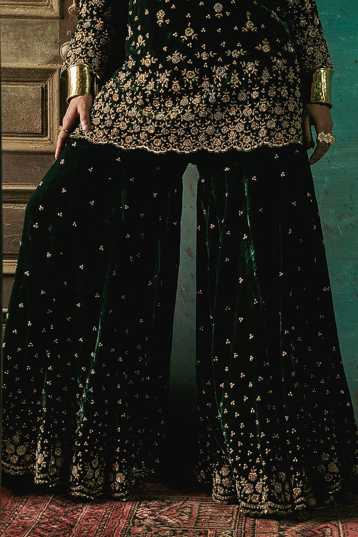 Bottle Green Silk Velvet Zardosi Embroidered Gharara Set by Sureena Chowdhri at Pernia's Pop Up Shop