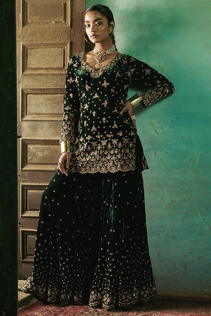 Bottle Green Silk Velvet Zardosi Embroidered Gharara Set by Sureena Chowdhri at Pernia's Pop Up Shop