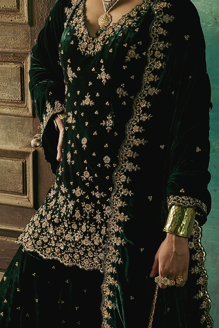 Bottle Green Silk Velvet Zardosi Embroidered Gharara Set by Sureena Chowdhri at Pernia's Pop Up Shop