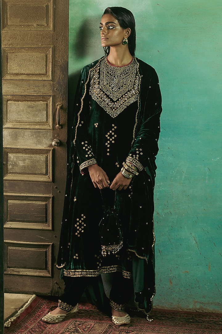 Bottle Green Pure Silk Velvet Beads Embroidered Kurta Set by Sureena Chowdhri at Pernia's Pop Up Shop