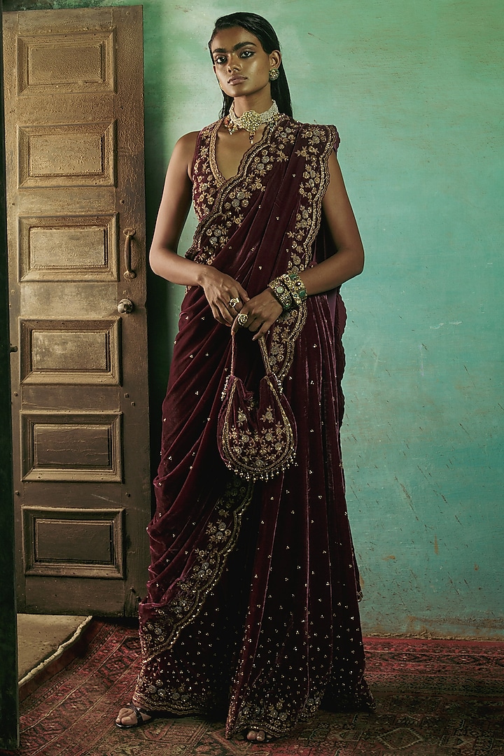 Wine Silk Velvet Cutdana Embroidered Pre-Stitched Saree Set by Sureena Chowdhri
